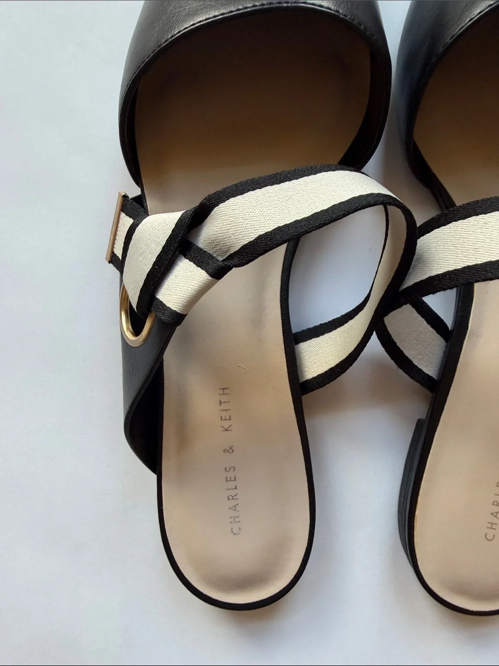 Charles & Keith Black Pointed Mules with Cream Contrast Strap, 39 - Picture 2 of 5